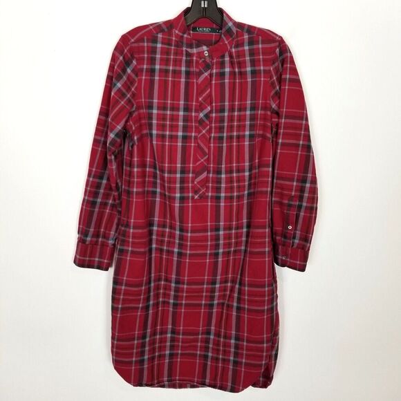 Lauren Ralph Lauren Women Plaide Button Front Tunic Dress Sz 8 Red Long Sleeve - Picture 1 of 9